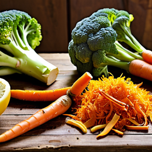 Home 4 **
A vibrant, colorful still life featuring a variety of vegetable scraps (carrot peels, broccoli stems, etc.) arranged artfully. Some of the scraps are baked and crispy, resembling chips. Herbs and spices are scattered around. A rustic wooden table provides the backdrop. The overall tone is warm and inviting, emphasizing resourcefulness and culinary creativity.
**