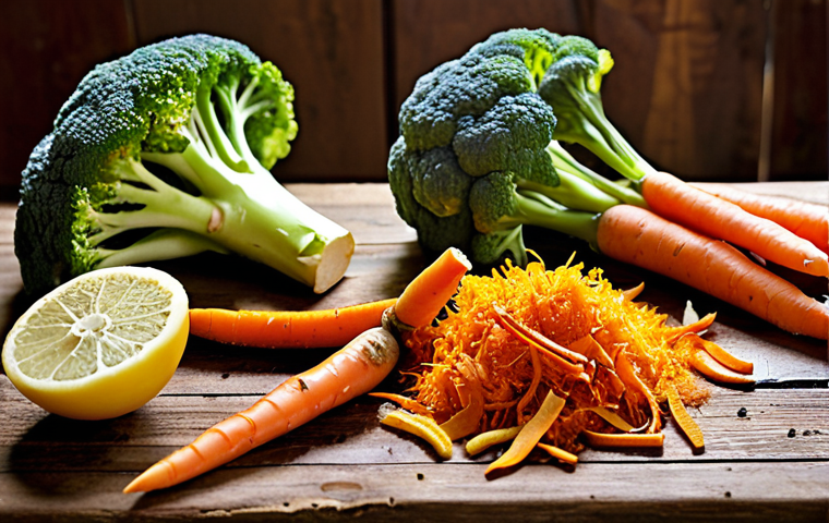 **
A vibrant, colorful still life featuring a variety of vegetable scraps (carrot peels, broccoli stems, etc.) arranged artfully. Some of the scraps are baked and crispy, resembling chips. Herbs and spices are scattered around. A rustic wooden table provides the backdrop. The overall tone is warm and inviting, emphasizing resourcefulness and culinary creativity.
**